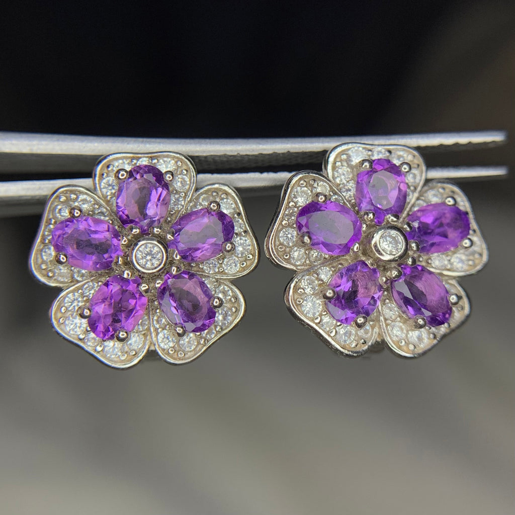 Boucles d'Oreilles Puces avec Améthyste Naturelle et Zirconium en Argent 925 Plaqué Rhodium