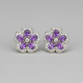 Boucles d'Oreilles Puces avec Améthyste Naturelle et Zirconium en Argent 925 Plaqué Rhodium