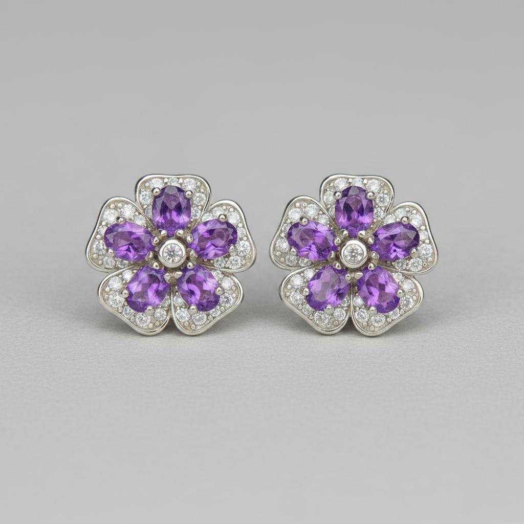 Boucles d'Oreilles Puces avec Améthyste Naturelle et Zirconium en Argent 925 Plaqué Rhodium