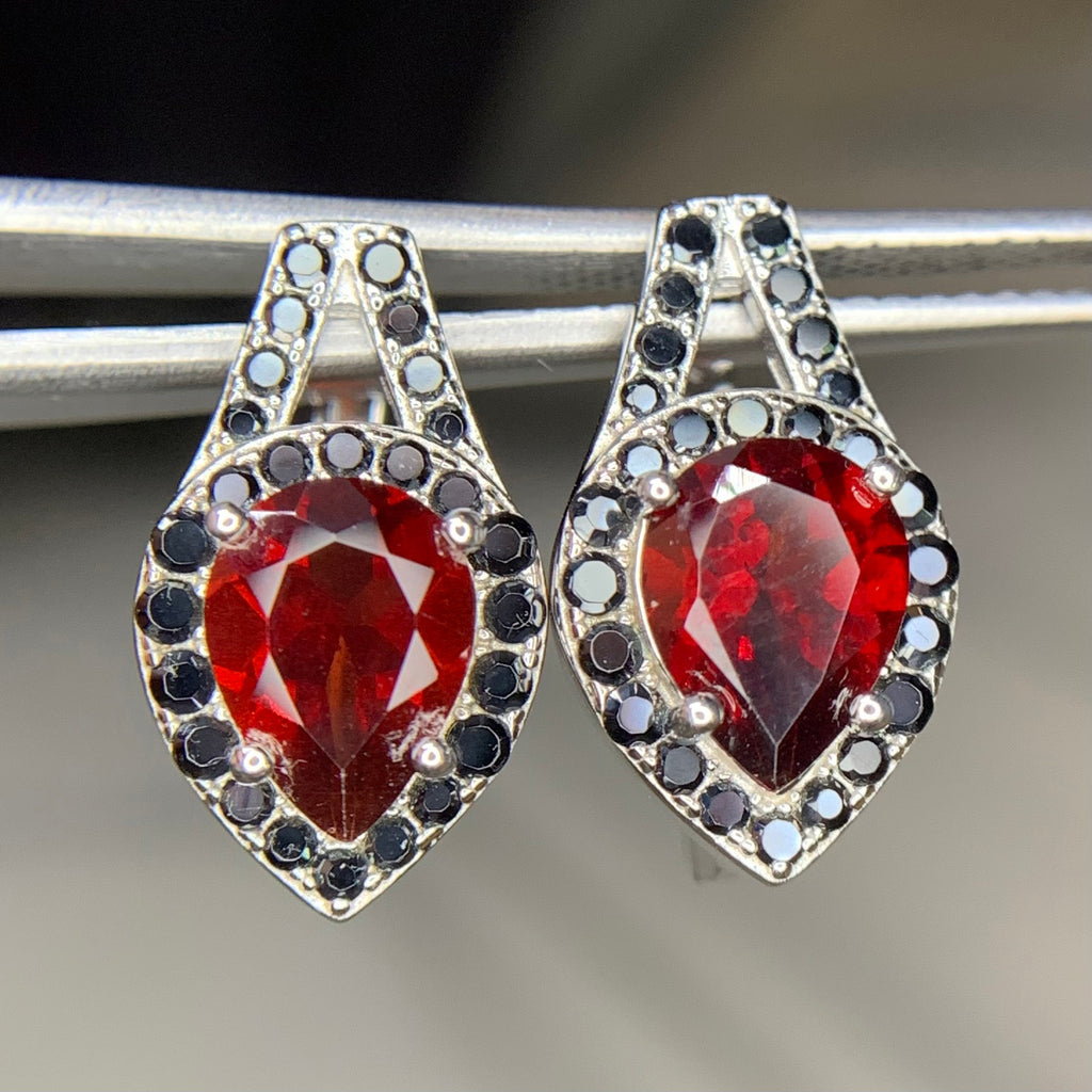 Boucles d'Oreilles - Grenat & Spinelle Naturel & Argent Plaqué Rhodium