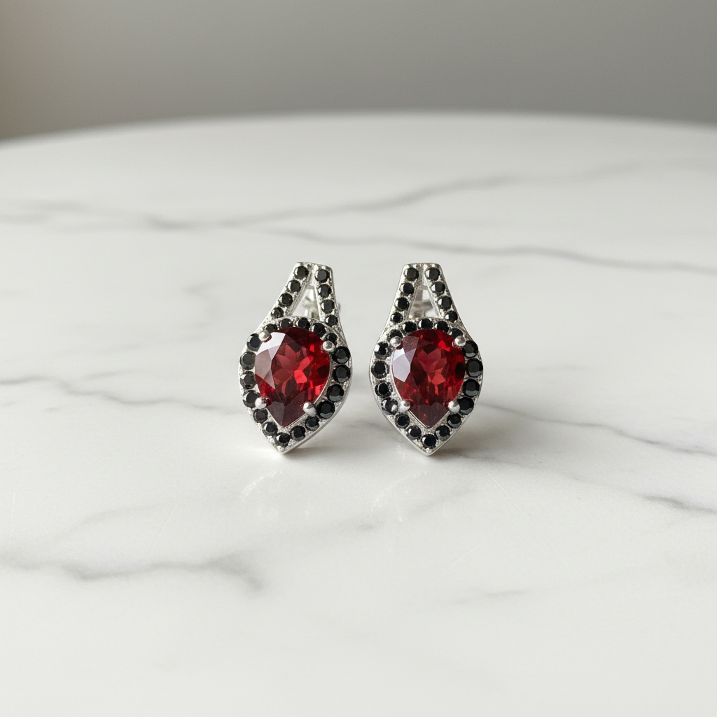 Boucles d'Oreilles - Grenat & Spinelle Naturel & Argent Plaqué Rhodium