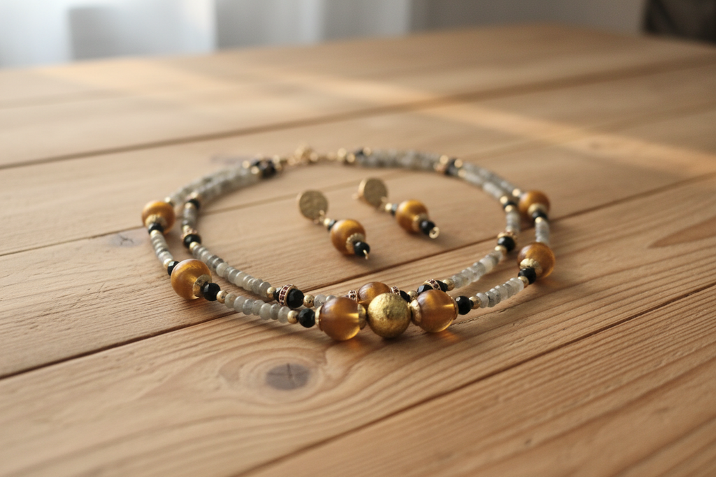 Labradorite & Goldenrod Pearl Duo- Pierres Naturelles & Acier Inoxydable Plaqué D'or