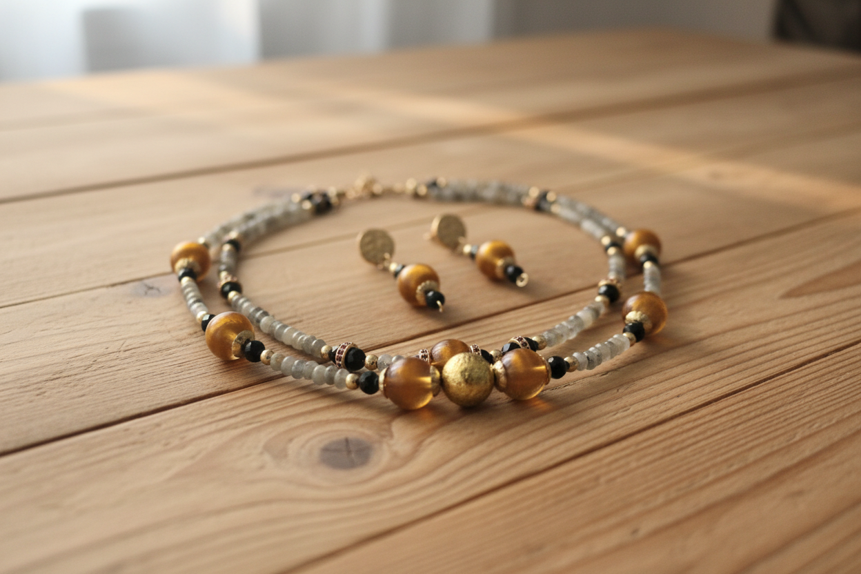 Labradorite & Goldenrod Pearl Duo- Pierres Naturelles & Acier Inoxydable Plaqué D'or