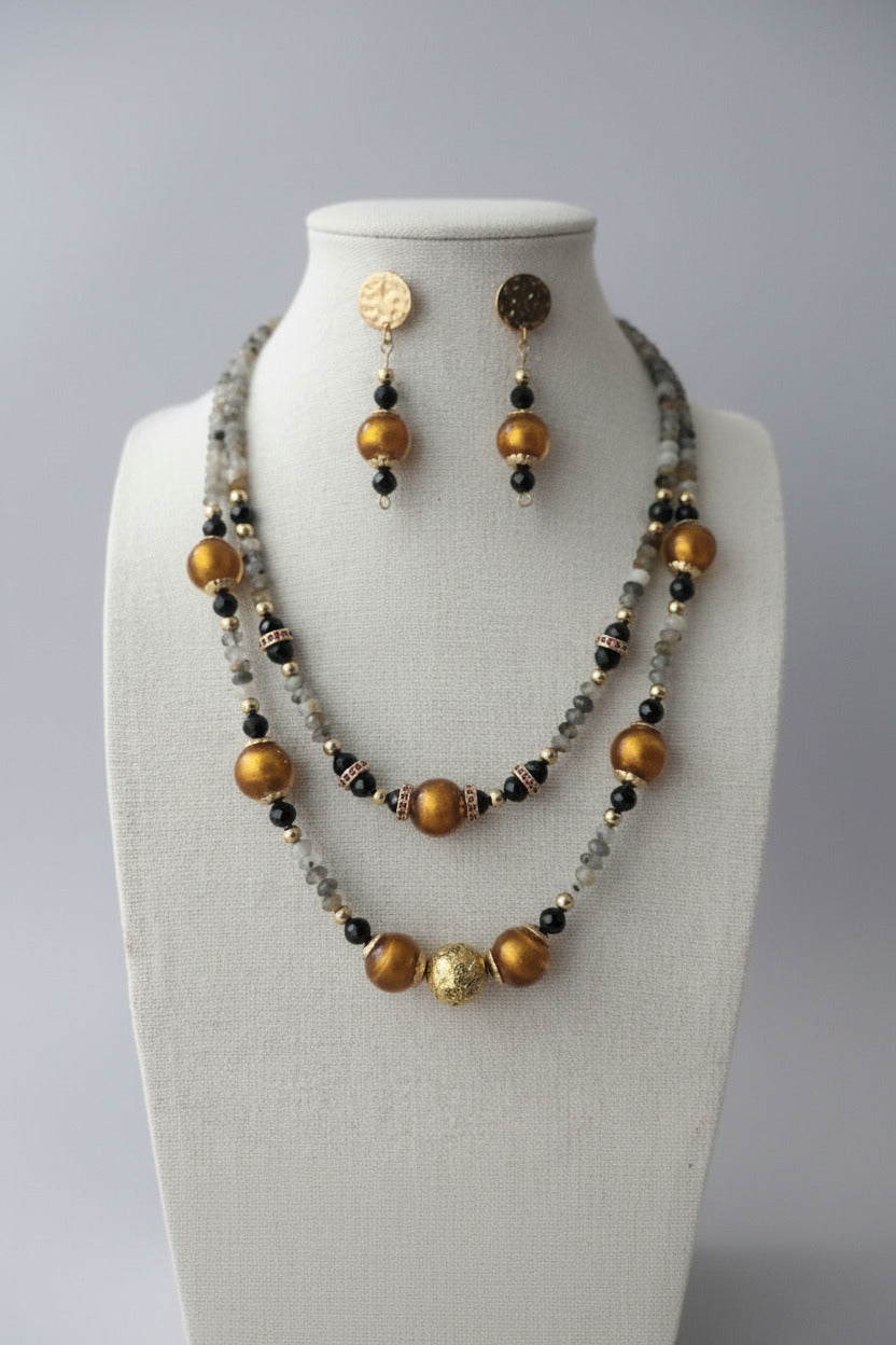 Labradorite & Goldenrod Pearl Duo- Pierres Naturelles & Acier Inoxydable Plaqué D'or