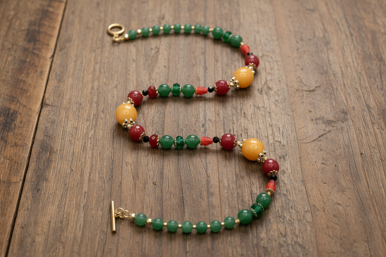 Colorful beaded necklace on a wooden surface