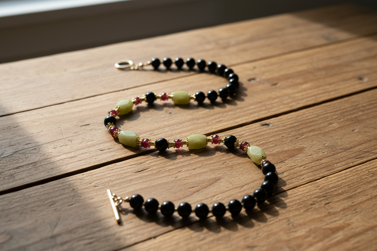 Beaded necklace on a wooden surface