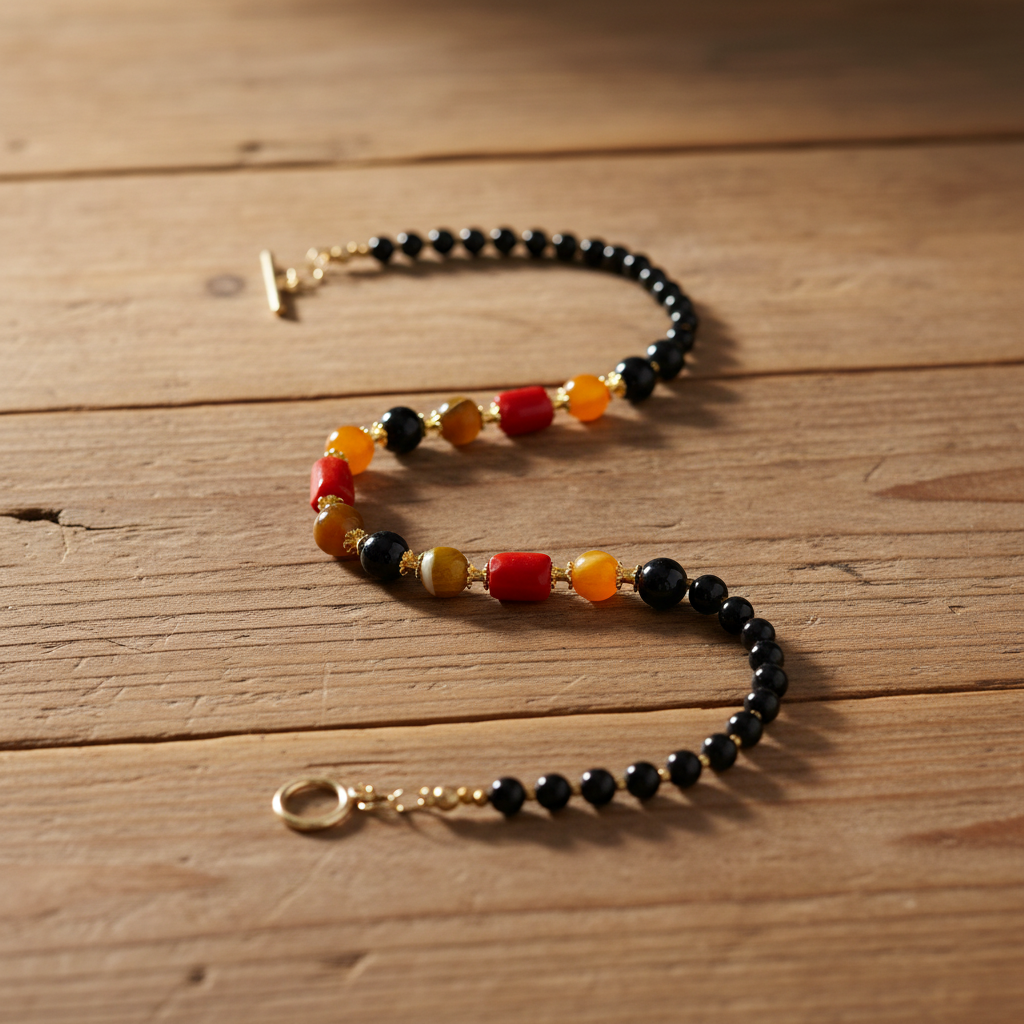Beaded necklace with black, red, and gold beads on a wooden surface