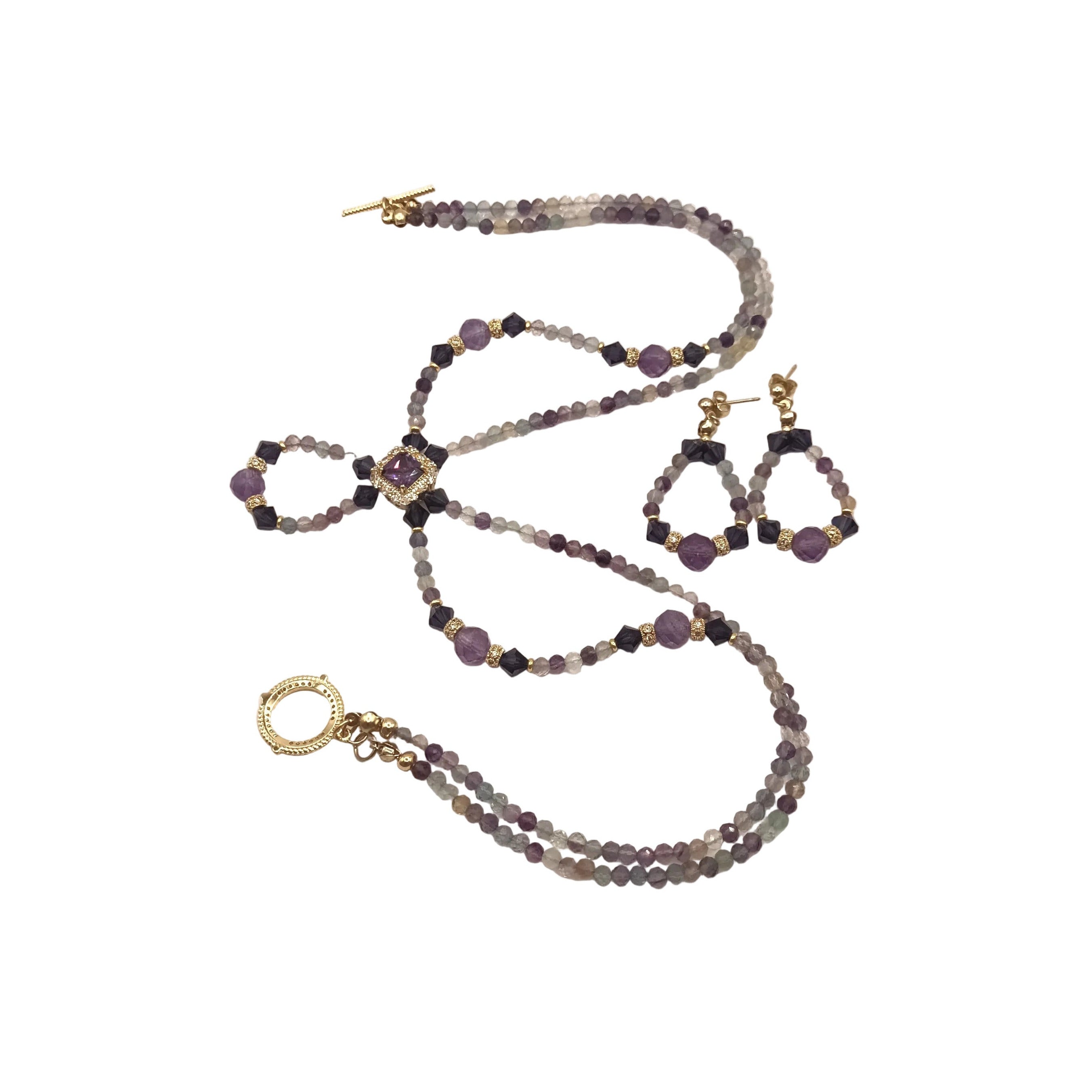 Amethyst & Fluorite Sparkle Set - Zircons Cubiques, Laiton & Acier Inoxydable Plaque d'or