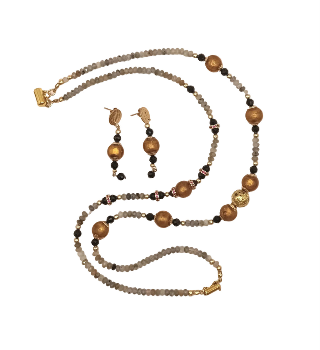 Labradorite & Goldenrod Pearl Duo- Pierres Naturelles & Acier Inoxydable Plaqué D'or