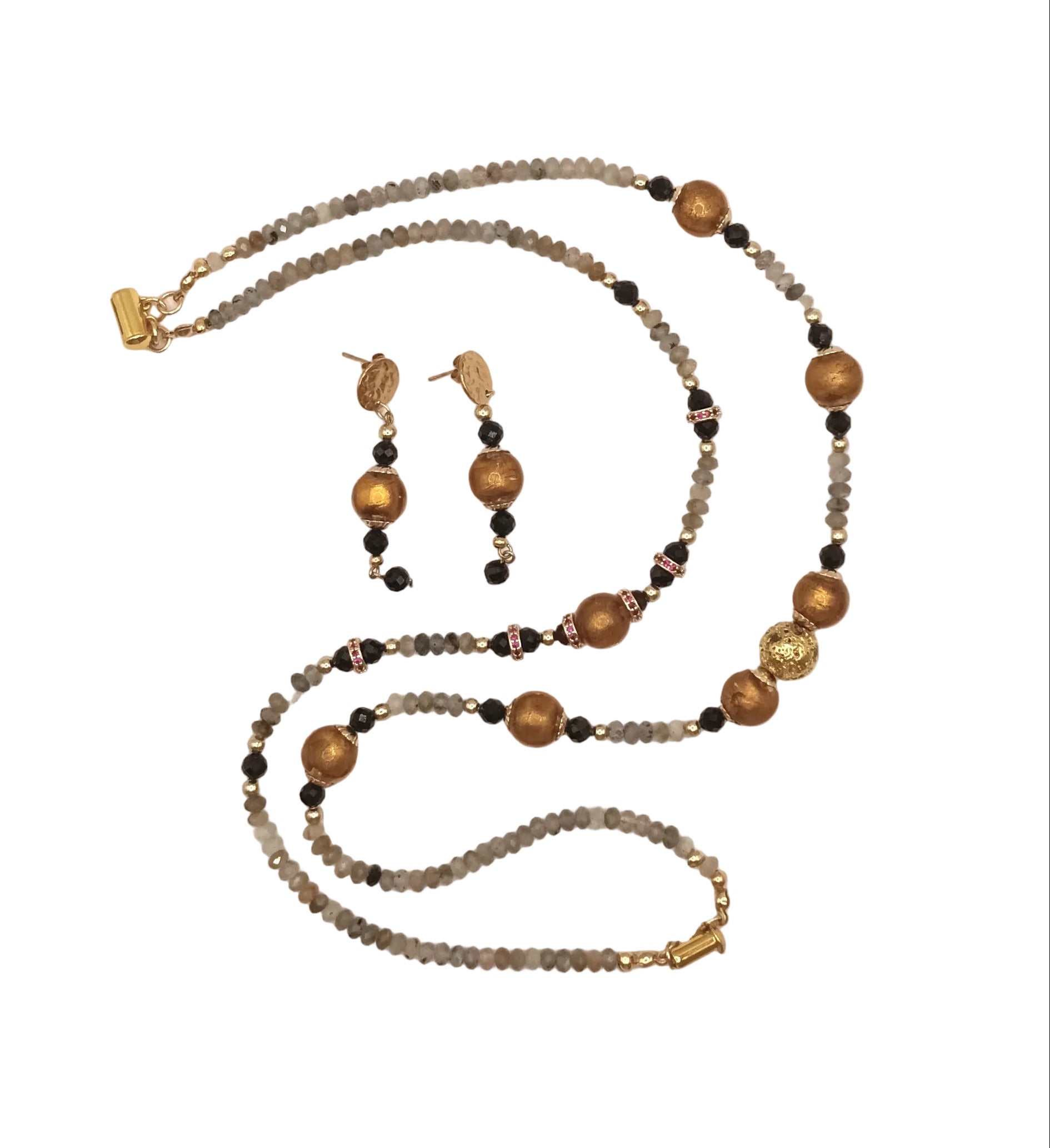 Labradorite & Goldenrod Pearl Duo- Pierres Naturelles & Acier Inoxydable Plaqué D'or