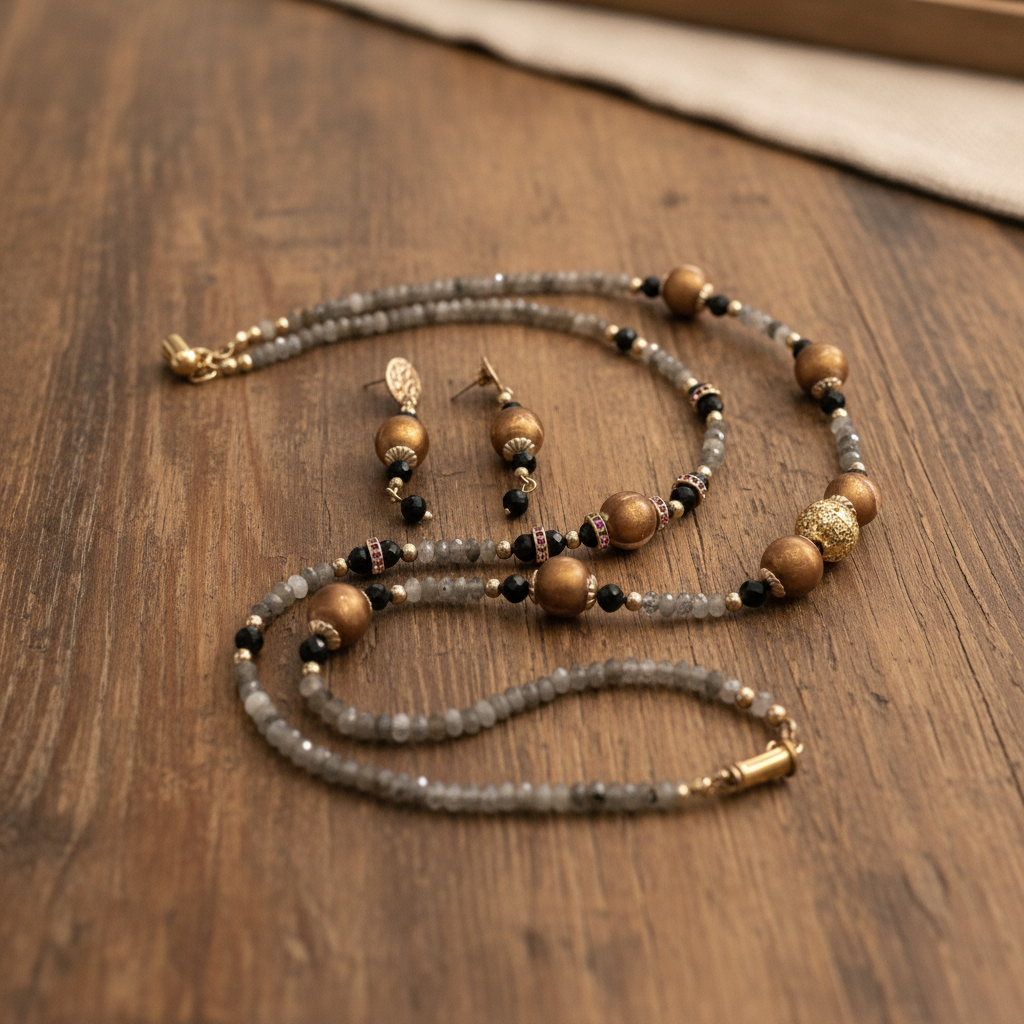 Labradorite & Goldenrod Pearl Duo- Pierres Naturelles & Acier Inoxydable Plaqué D'or