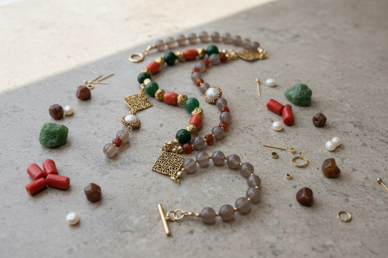 Jewelry set with beads and stones on a textured surface