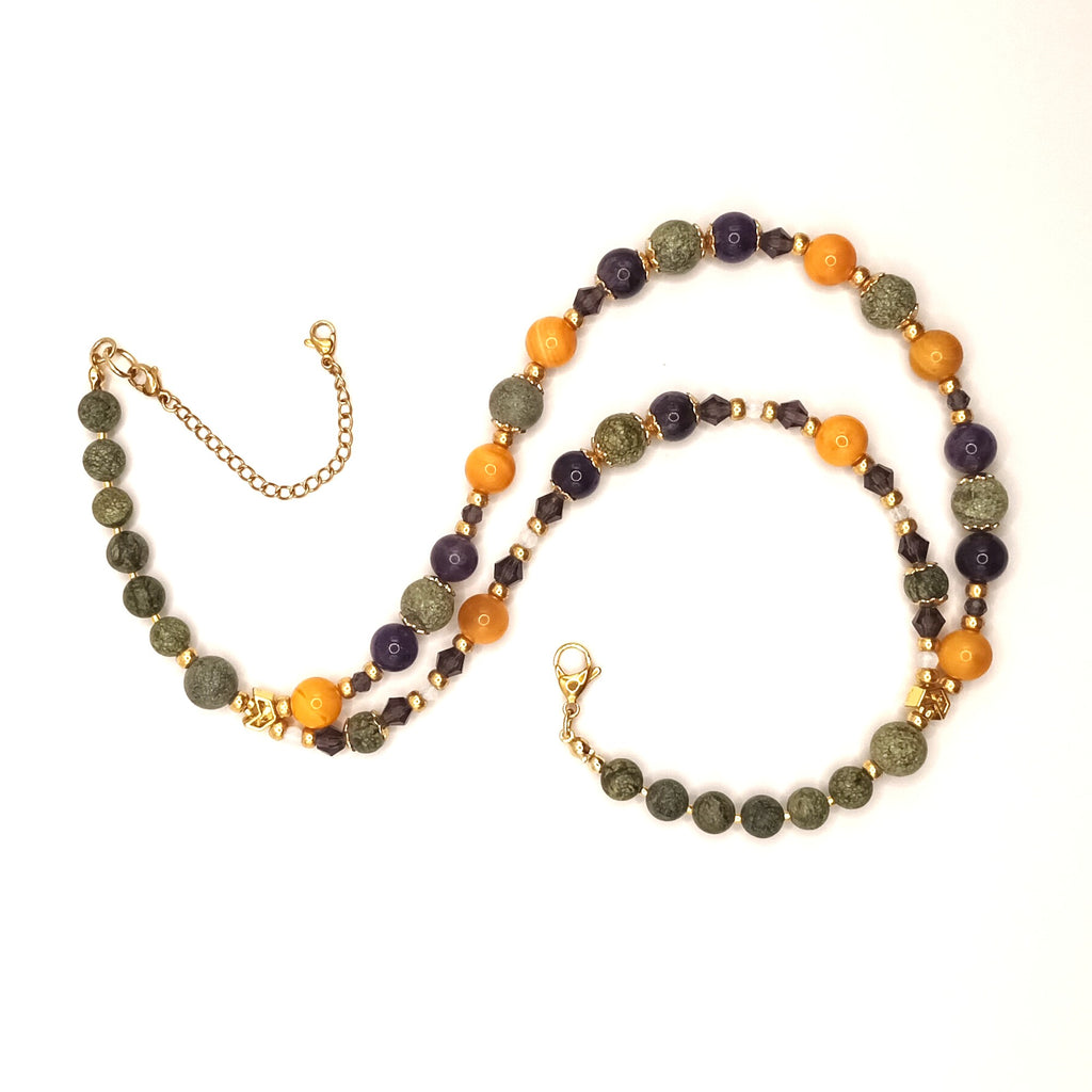Solar Sparkle Collier - Agate Bumblebee, Serpentine & Plaqué Or 24K