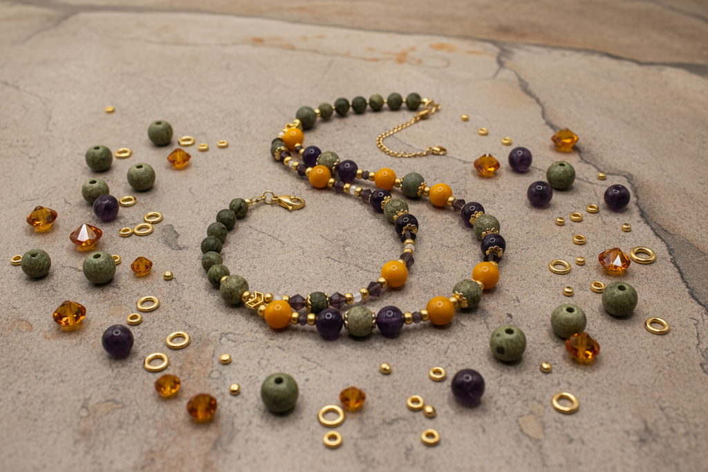 Solar Sparkle Collier - Agate Bumblebee, Serpentine & Plaqué Or 24K