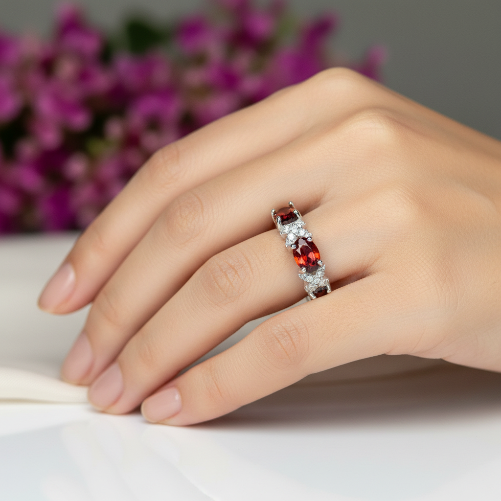 Bague - Garnet Naturel Éclatant & Rhodium Plated