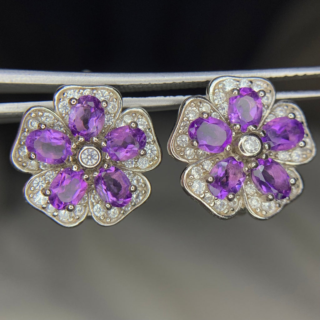 Boucles d'Oreilles Puces avec Améthyste Naturelle et Zirconium en Argent 925 Plaqué Rhodium