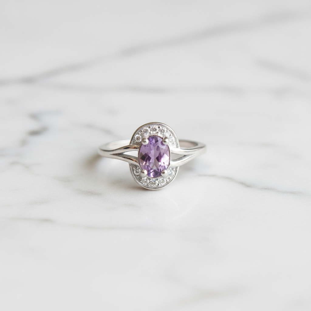 Bague avec améthyste naturelle et zircons (CZ) Argent 925 Rhodié