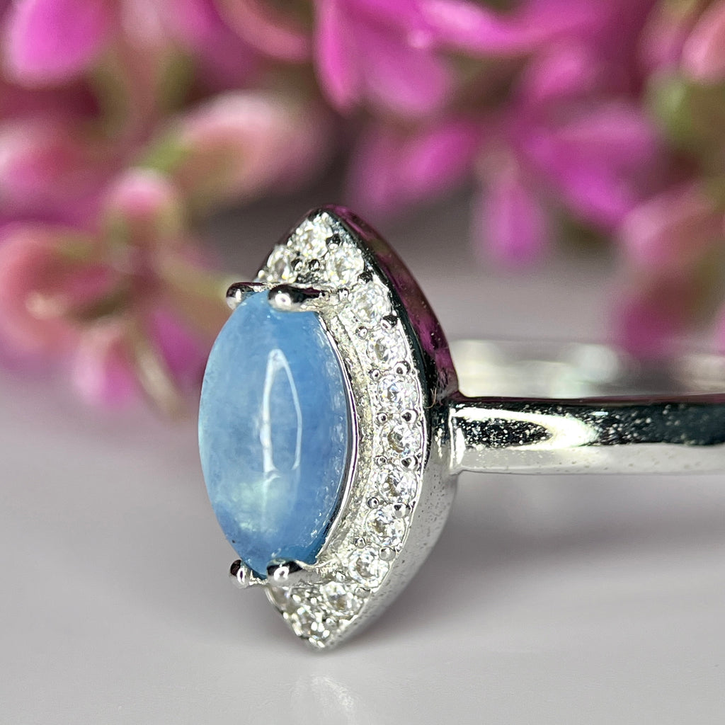 Bague ajustable en Aigue-marine Naturelle et Argent Rhodié