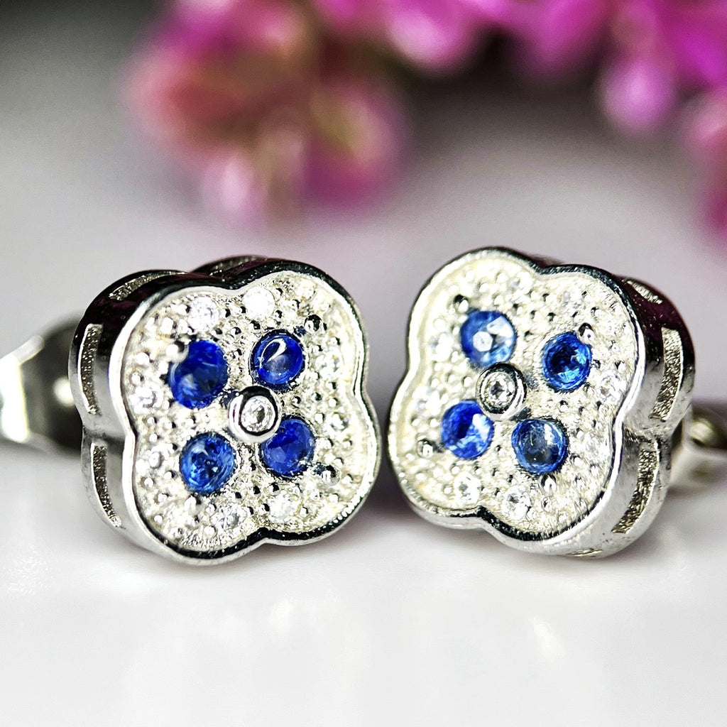 Boucles d'oreilles Saphir Naturel & Halo de Zirconium - Argent Rhodié