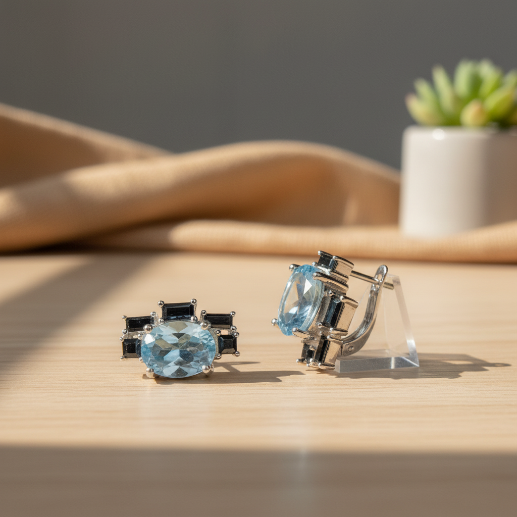 Boucles d'Oreilles avec Topaze Bleue Swiss Naturelle et Spinelle en Argent 925 Plaqué Rhodium