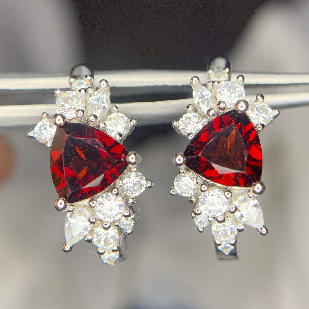 Boucles d'Oreilles - Grenat Naturel, Zirconium (CZ) & Argent Plaqué Rhodium