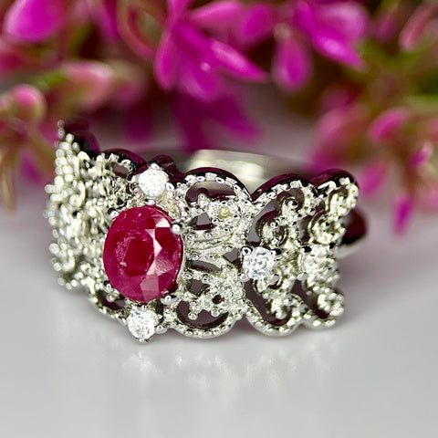 Bague "Altesse Royale" - Rubis Naturel & Finition (CZ) Rhodium Plated