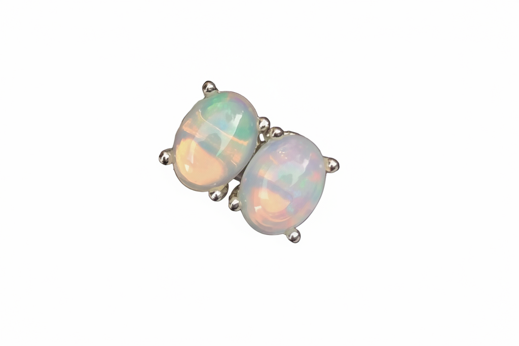 Boucles D'oreilles Puces Opale Naturelle Multicolore - Argent 925