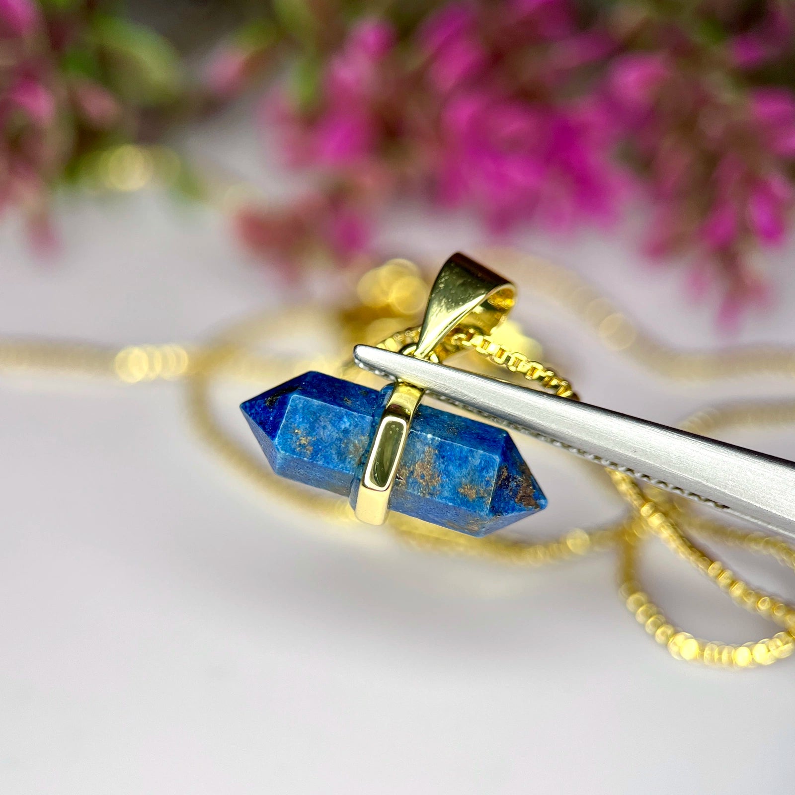 Collier Pendentif - Lapis-Lazuli Véritable &amp; Métal Rhodié