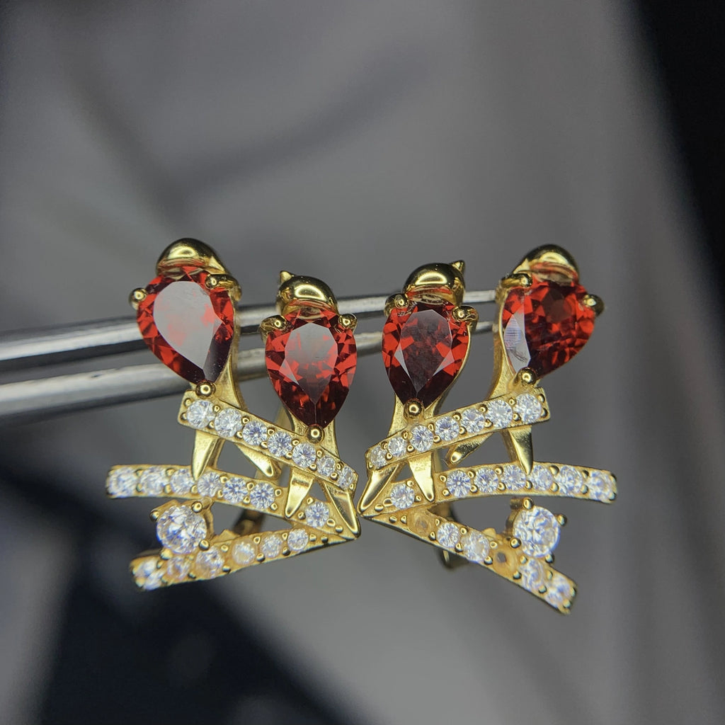 Boucles d'Oreilles - Grenat Rhodolite Naturel, Zirconium & Argent 925 Plaqué Or