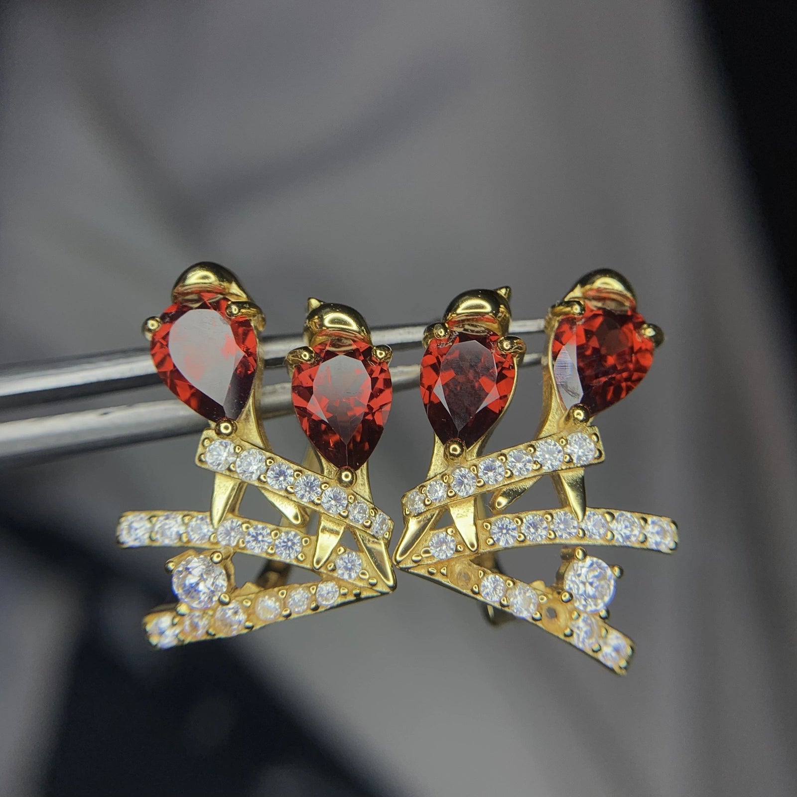 Boucles d'Oreilles - Grenat Rhodolite Naturel, Zirconium & Argent 925 Plaqué Or
