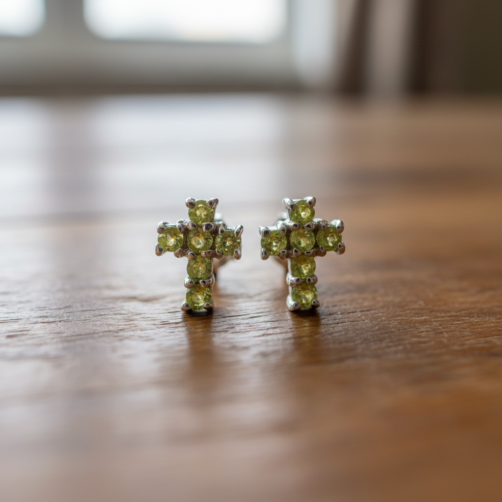 Boucles d'oreilles Croix de Lumière - Péridot & Argent 925 placage Rhodium