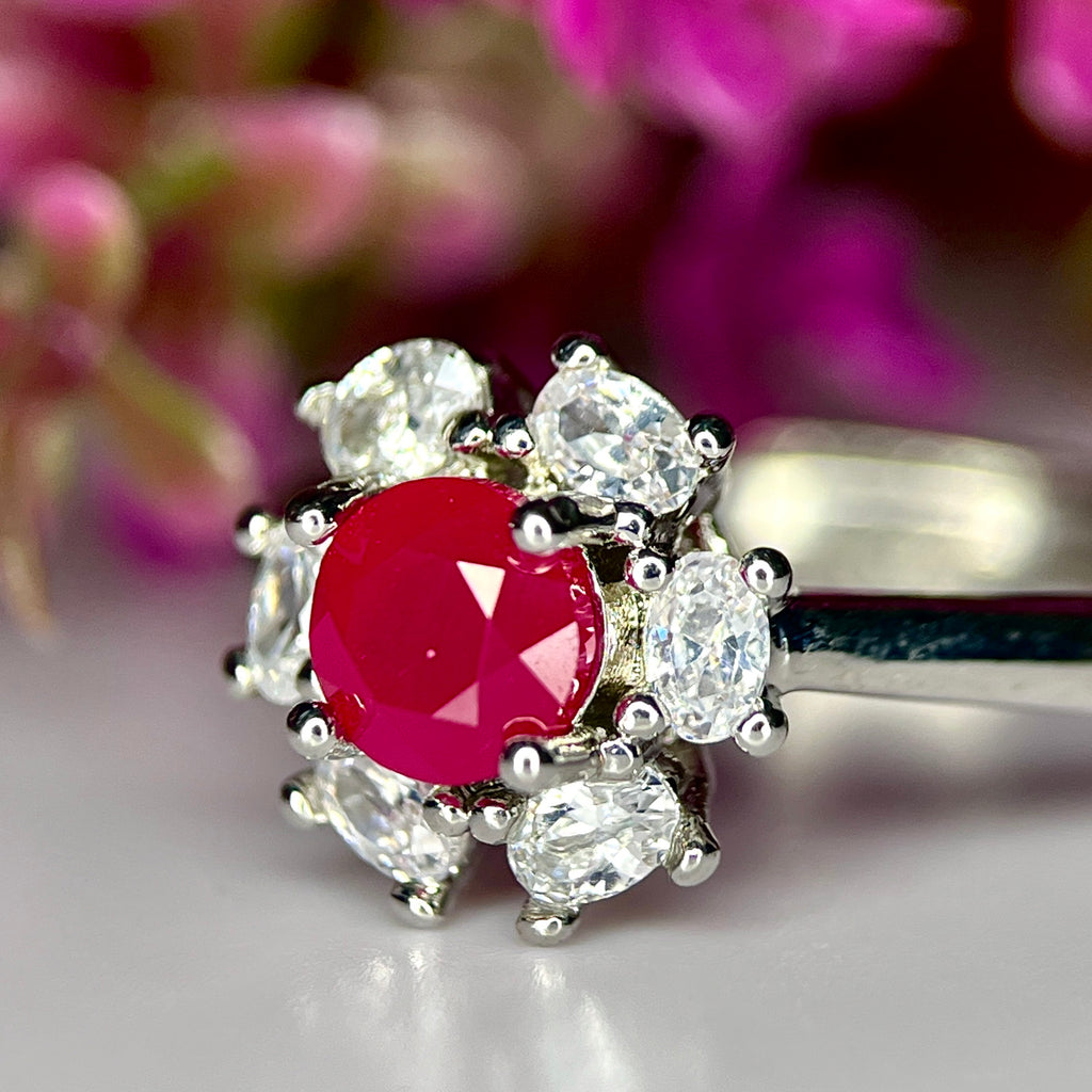 Bague ajustable Rubis & Halo de Zirconium - Argent Rhodié