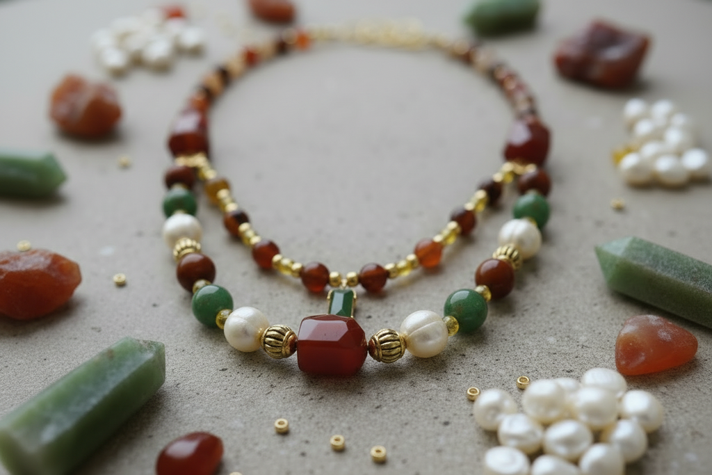Necklace with various beads on a textured surface