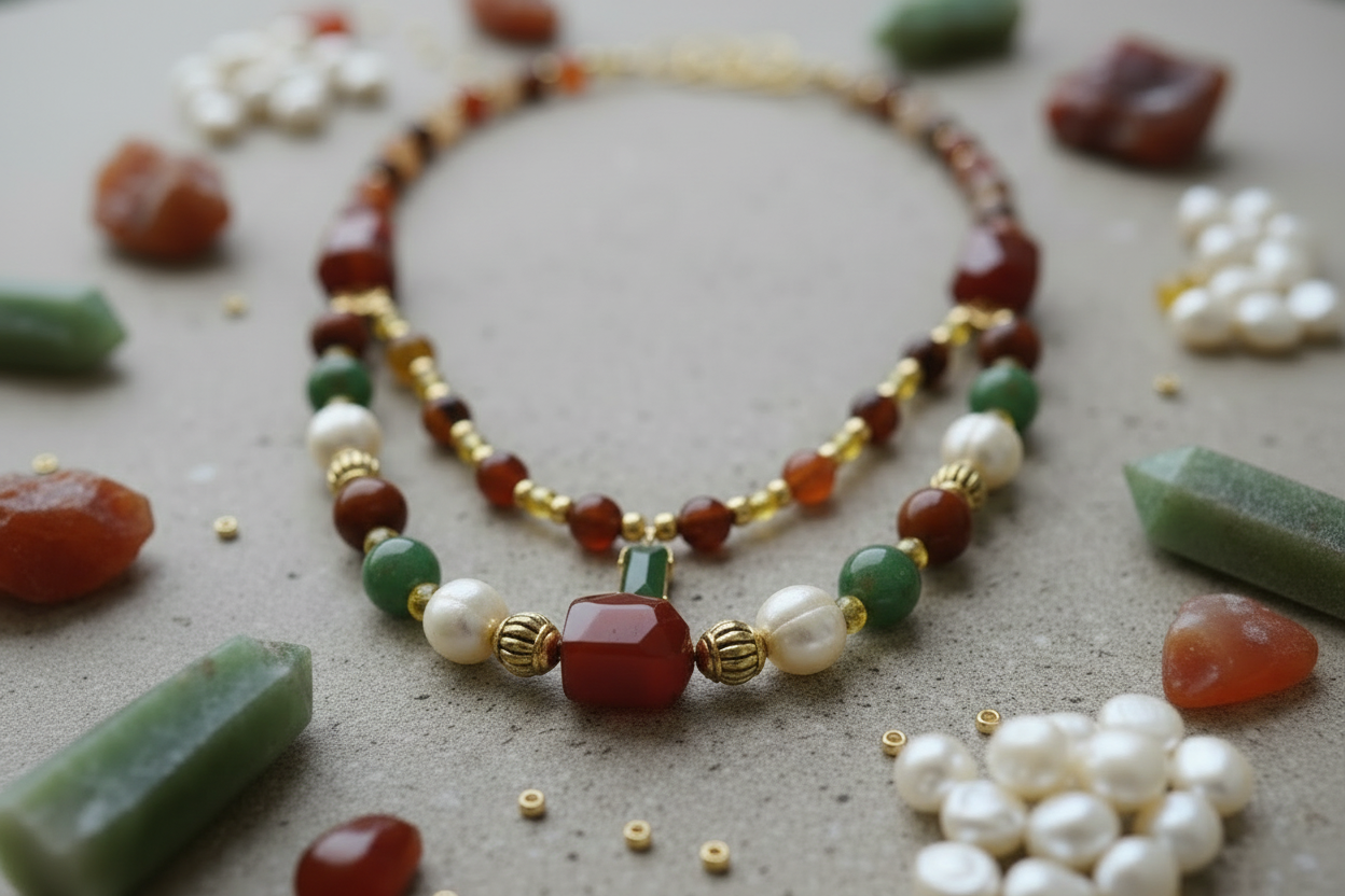Necklace with various beads on a textured surface