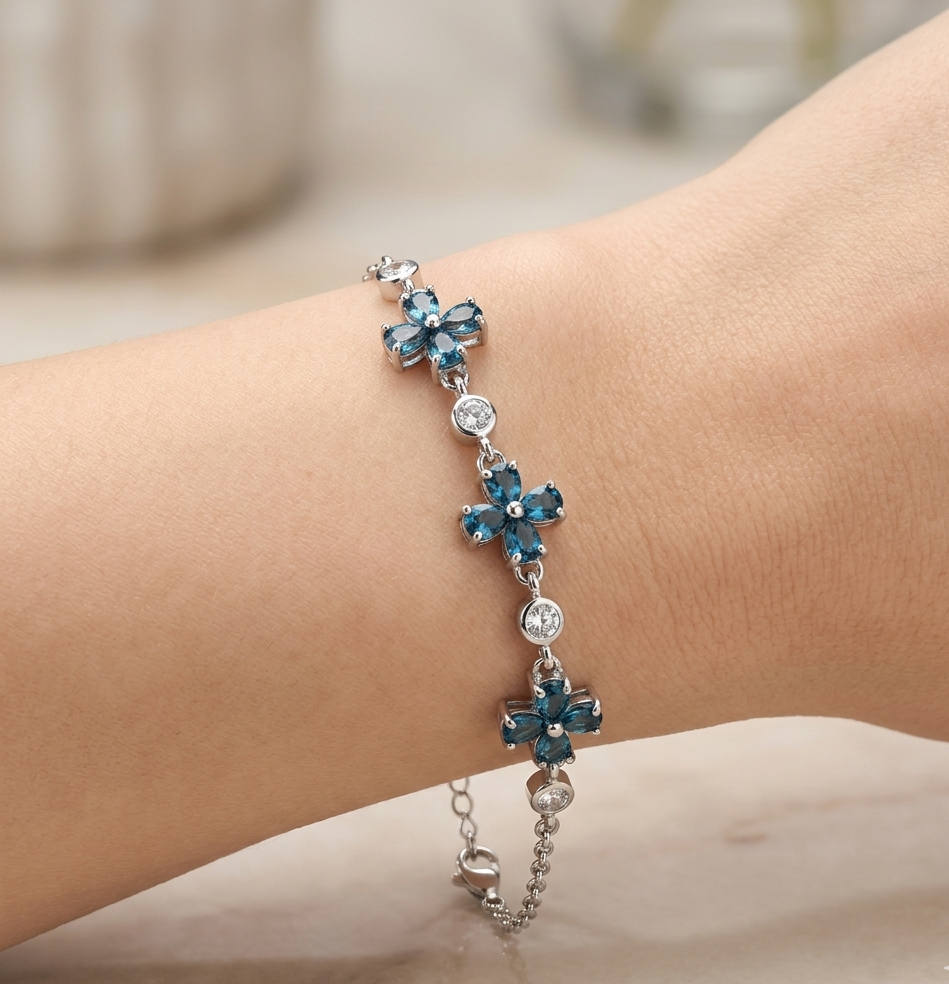 Bracelet Éclat Océanique - Topaze London Blue & Argent Rhodié