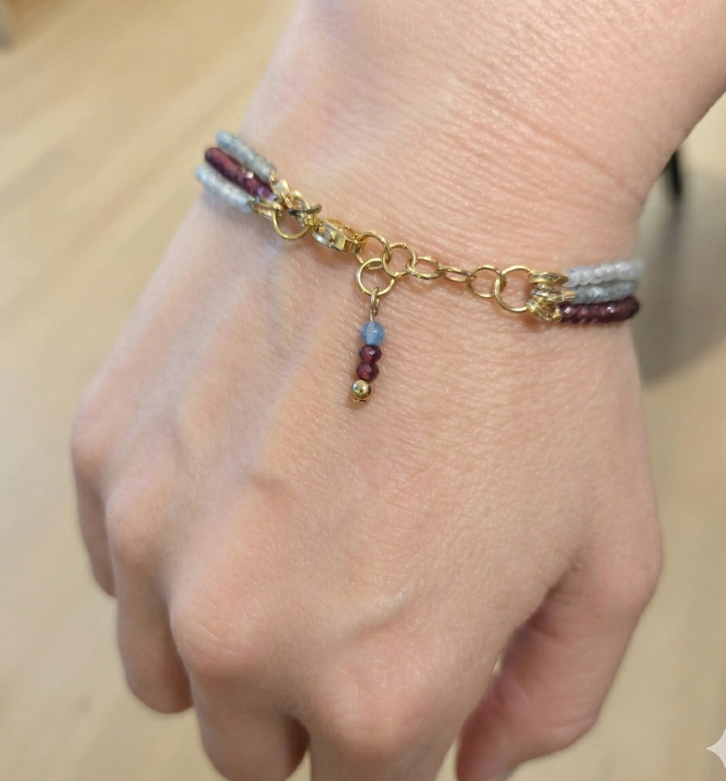 Collection Mosaïque De Gemmes - Bracelet 3 Rangs Apatite, Aigue-Marine, Grenat & Acier Inoxydable Plaqué Or