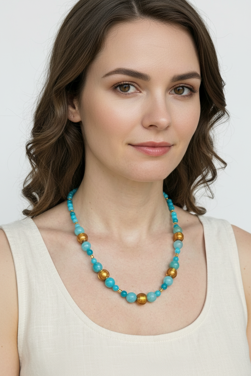 Collier Agates Bleues & Verre D'or – Acier Inoxydable Plaqué Or