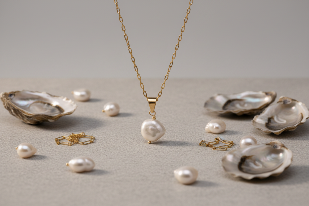 Gold necklace with pearl pendant surrounded by oyster shells and pearls on a neutral background