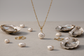 Gold necklace with pearl pendant surrounded by oyster shells and pearls on a neutral background