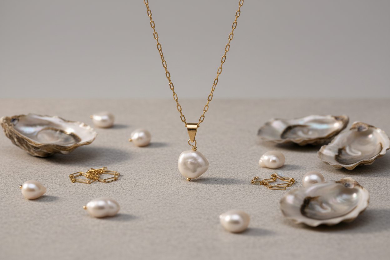 Gold necklace with pearl pendant surrounded by oyster shells and pearls on a neutral background