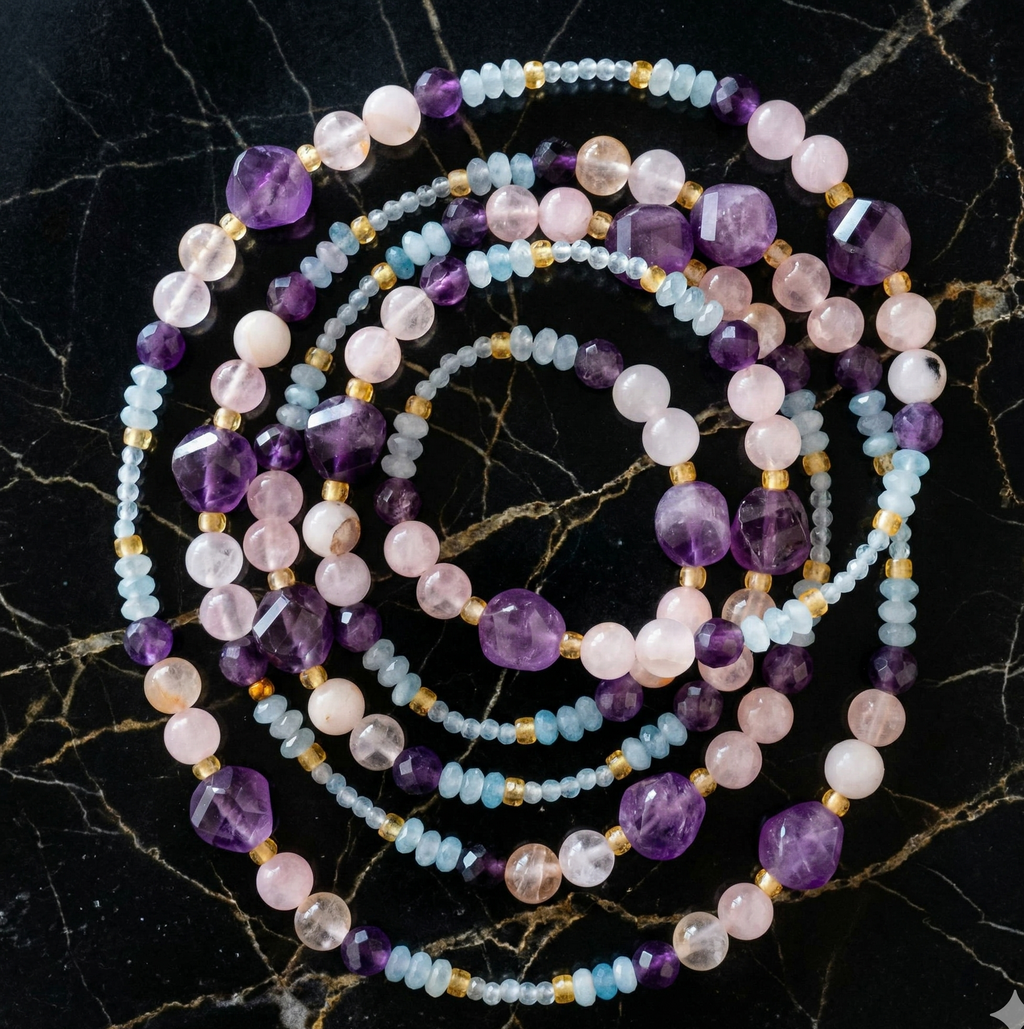 Sautoir "Sérénité Cristalline" - Aigue-marine, Améthyste & Quartz Rose
