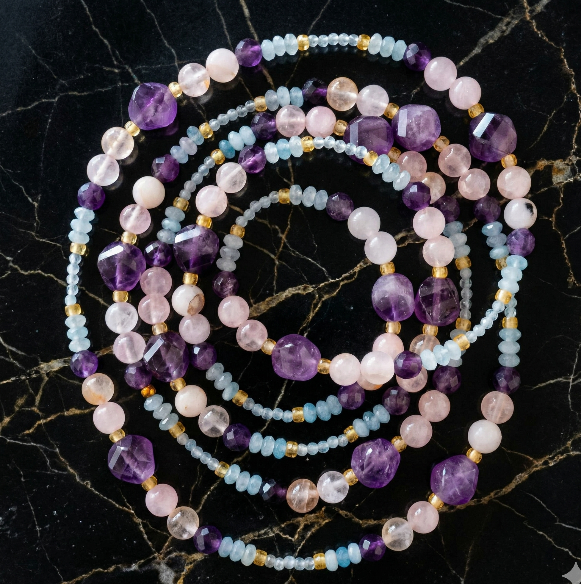 Sautoir "Sérénité Cristalline" - Aigue-marine, Améthyste & Quartz Rose