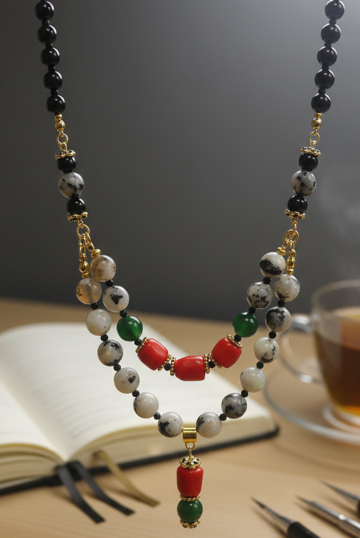 Necklace with beads on a table next to an open book and a cup of tea.