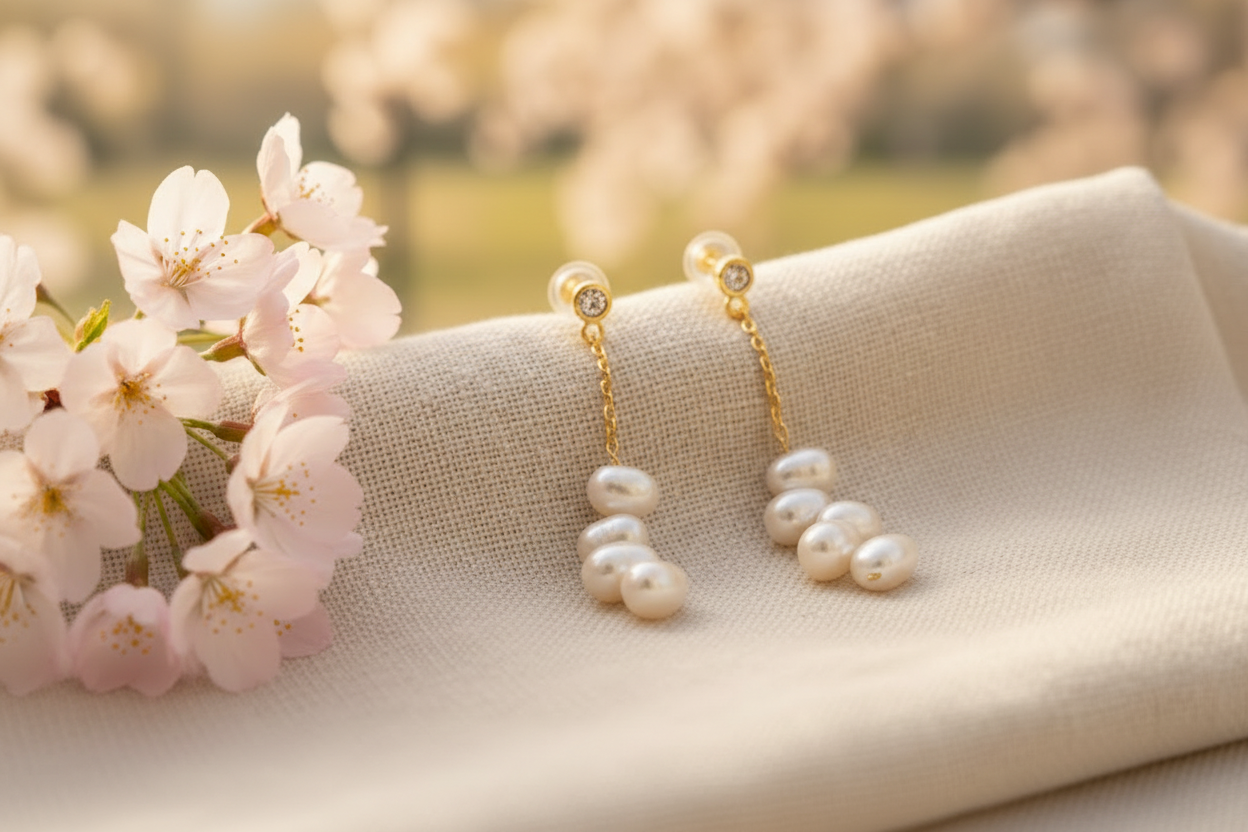 Pearl earrings on a beige fabric with cherry blossoms in the background