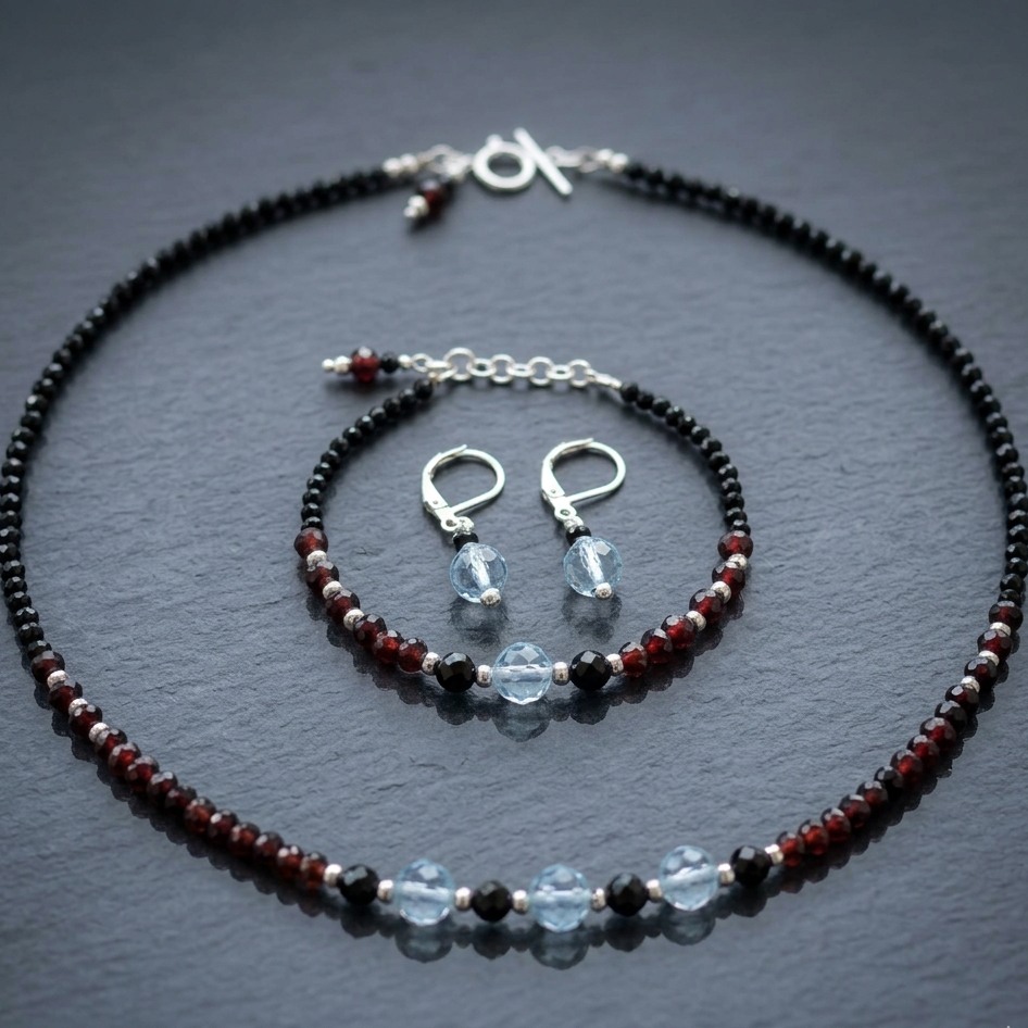 Ensemble - Topaze Bleu Clair, Grenat & Spinelle Noir - Argent 925