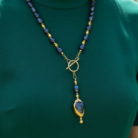 Mystic Baroque Collier - Perles Noires & Acier Inoxydable