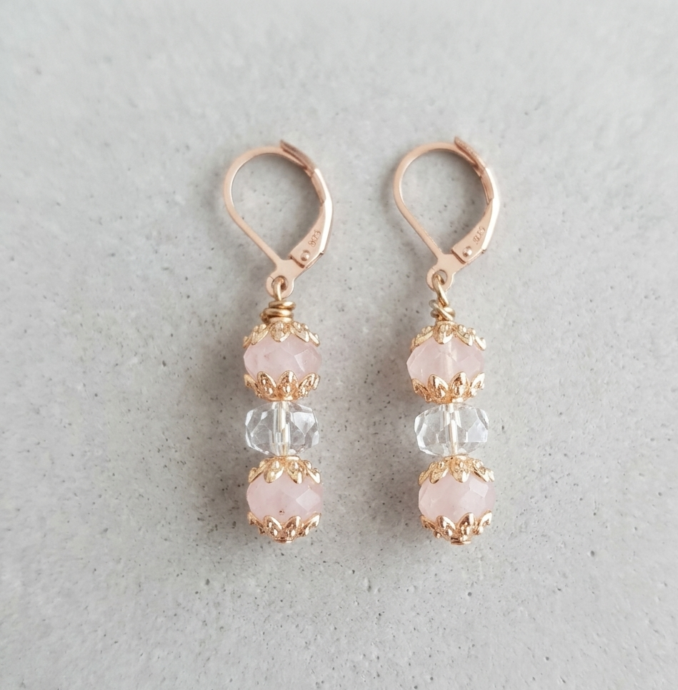 Boucles D’Oreilles - Quartz Rose & Cristal - Plaqué Or Rose