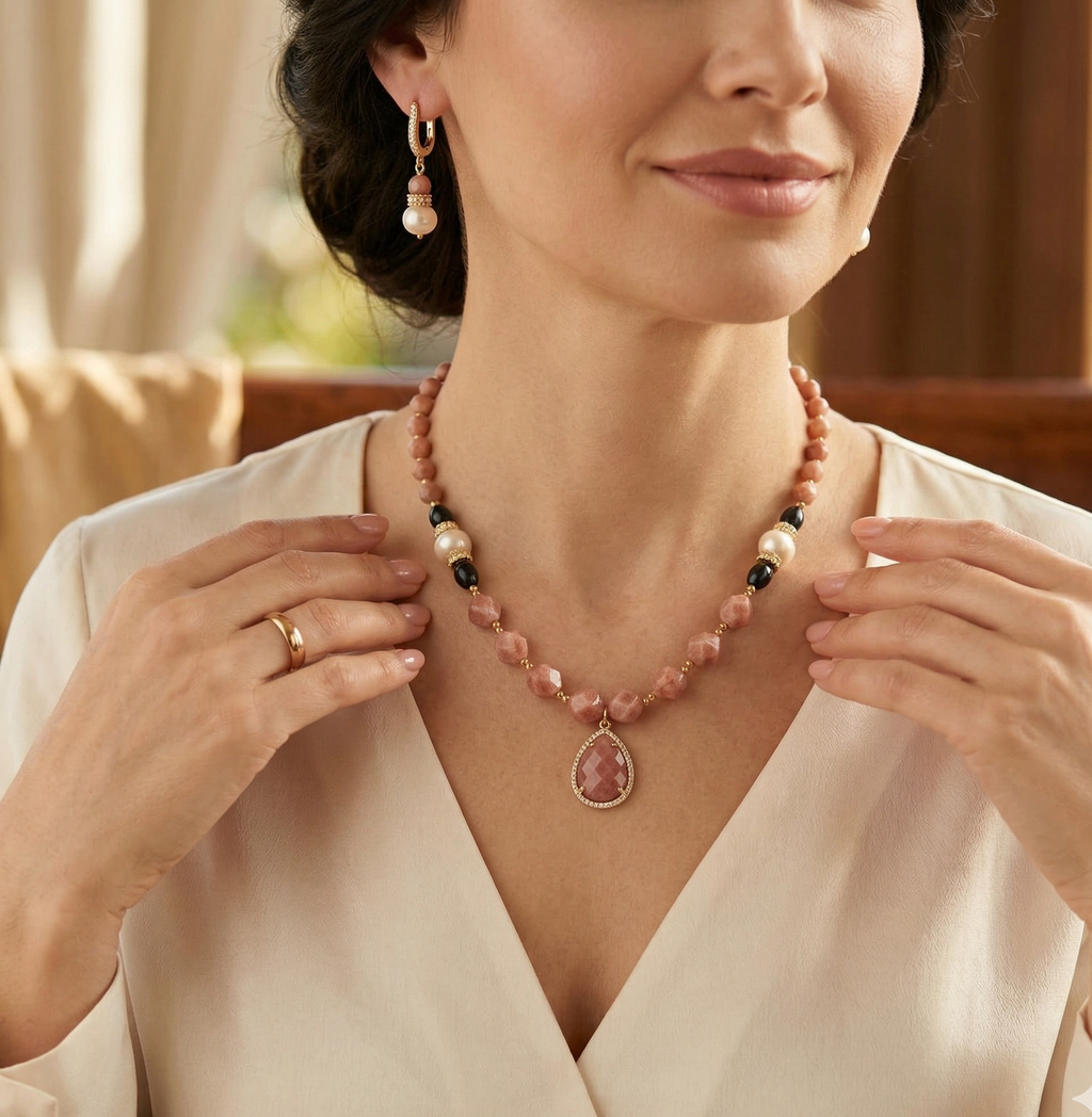 Parure Rose Éclat - Rhodonite & Plaqué d'Or Zirconium