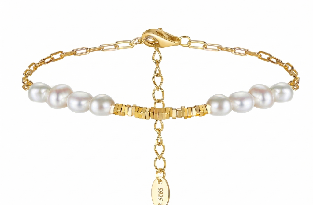 Bracelet Perles d'Eau Douce & Argent 925 Doré à l'Or 14K