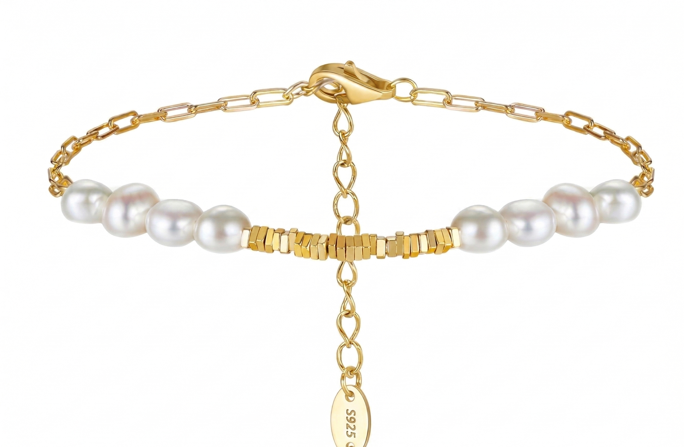 Bracelet Perles d'Eau Douce & Argent 925 Doré à l'Or 14K
